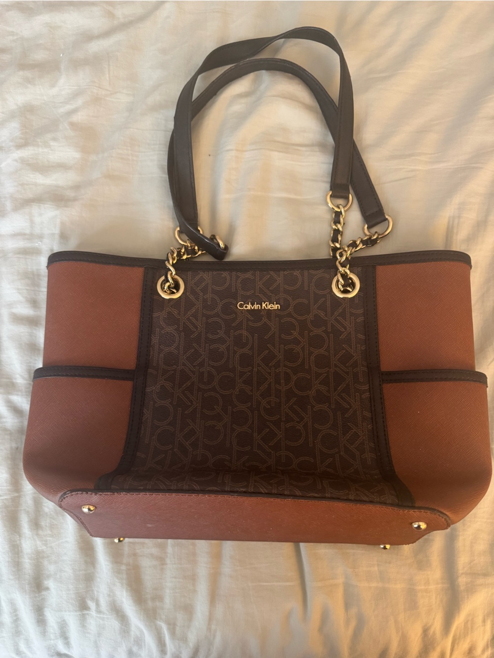 Calvin Klein Brown & Rust Signature Tote with Gold Hardware